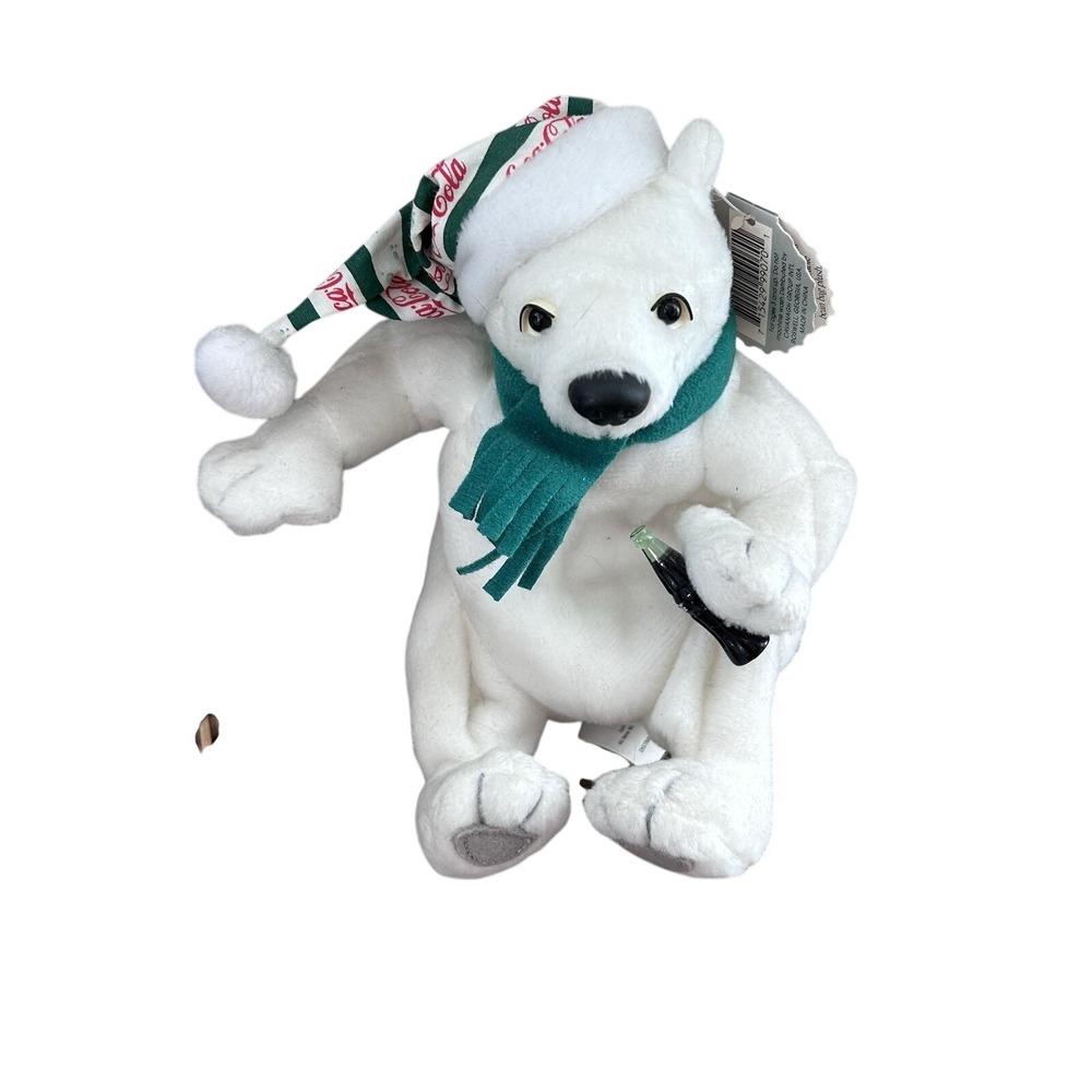 Vintage Coca Cola Polar Bear Plush‎ Bean Bag Green Scarf Stocking Cap With Tags